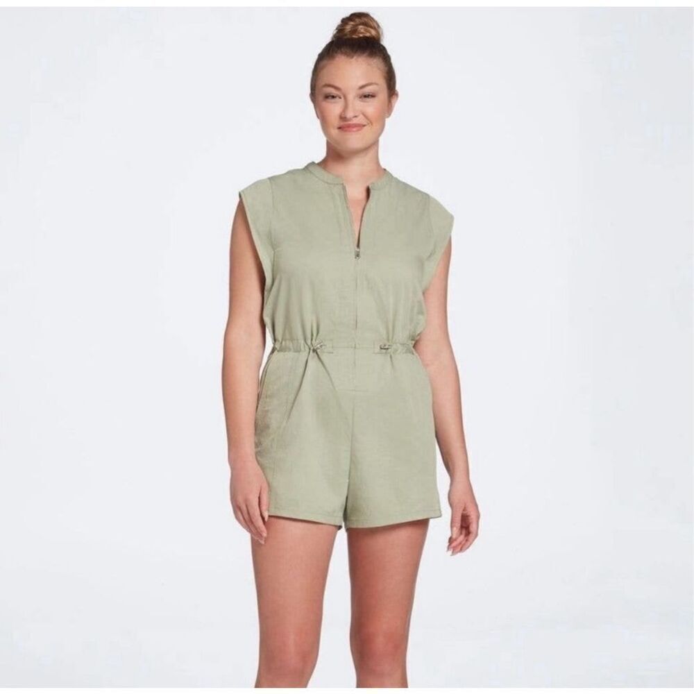 Calia Women’s XXS Unbleached Soft Utility Beach Romper Utility Green Zip Front